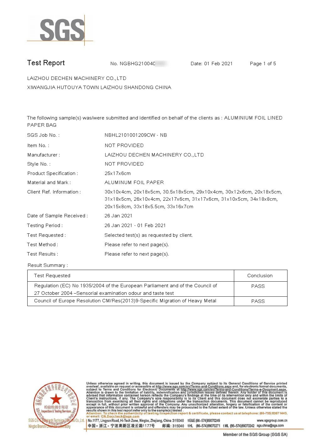 Foil lined paper bags certificate